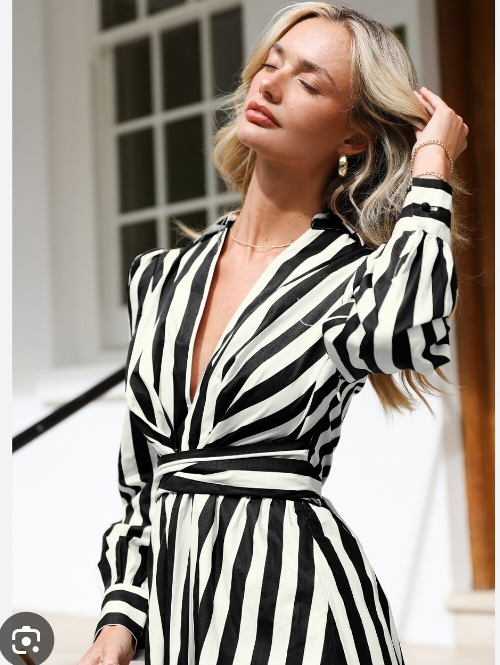Black & White Striped Wrap Maxi Dress - Classic V-Neck -  American Twist - M